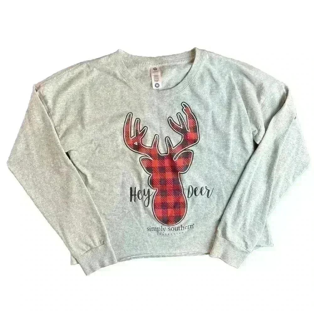 Simply Southern Hey Deer Long Sleeve Crop Top Medium Buffalo Plaid